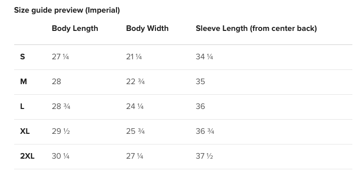 Size guide preview for clothing measurements in Imperial units.