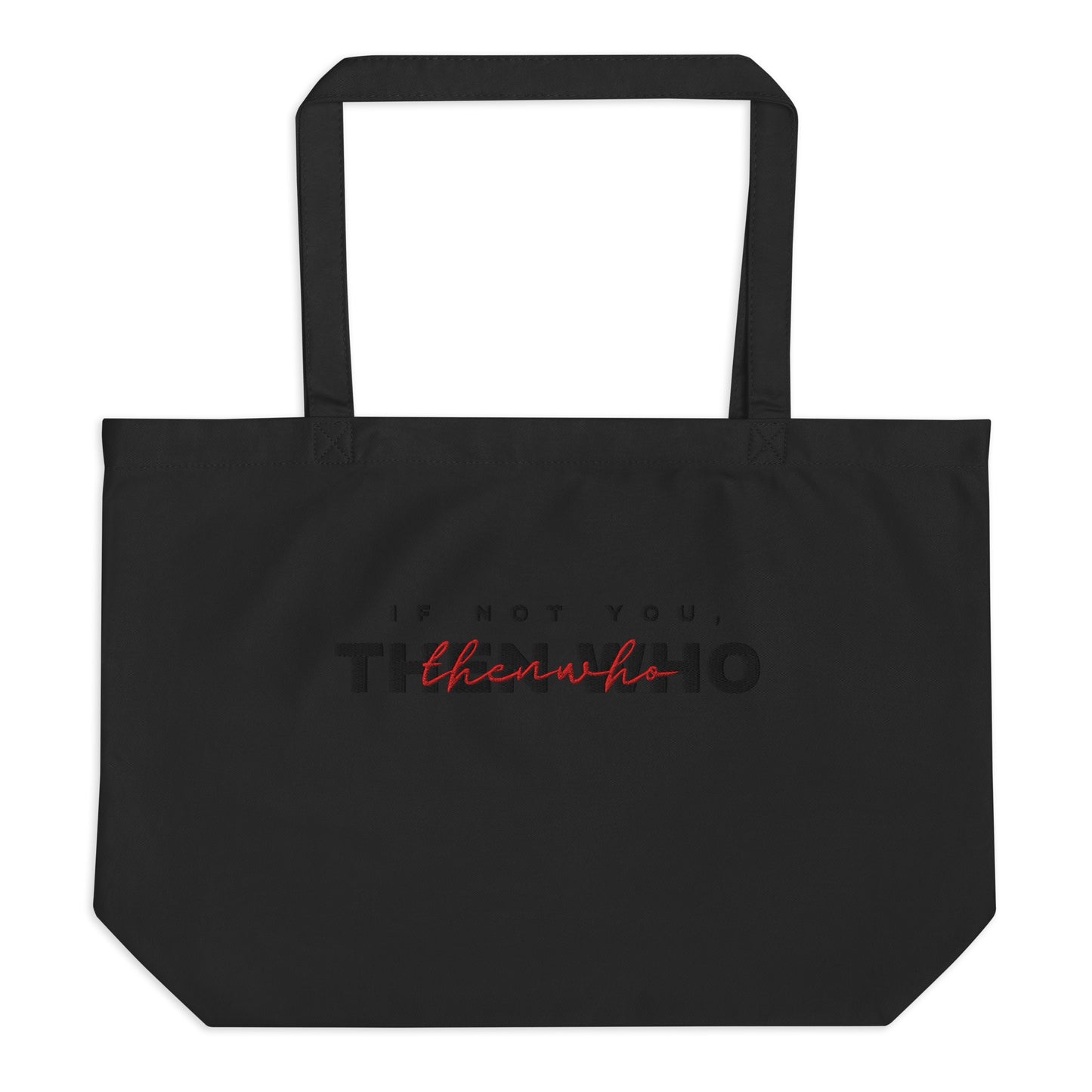 Black tote bag with red and white text on a white background
