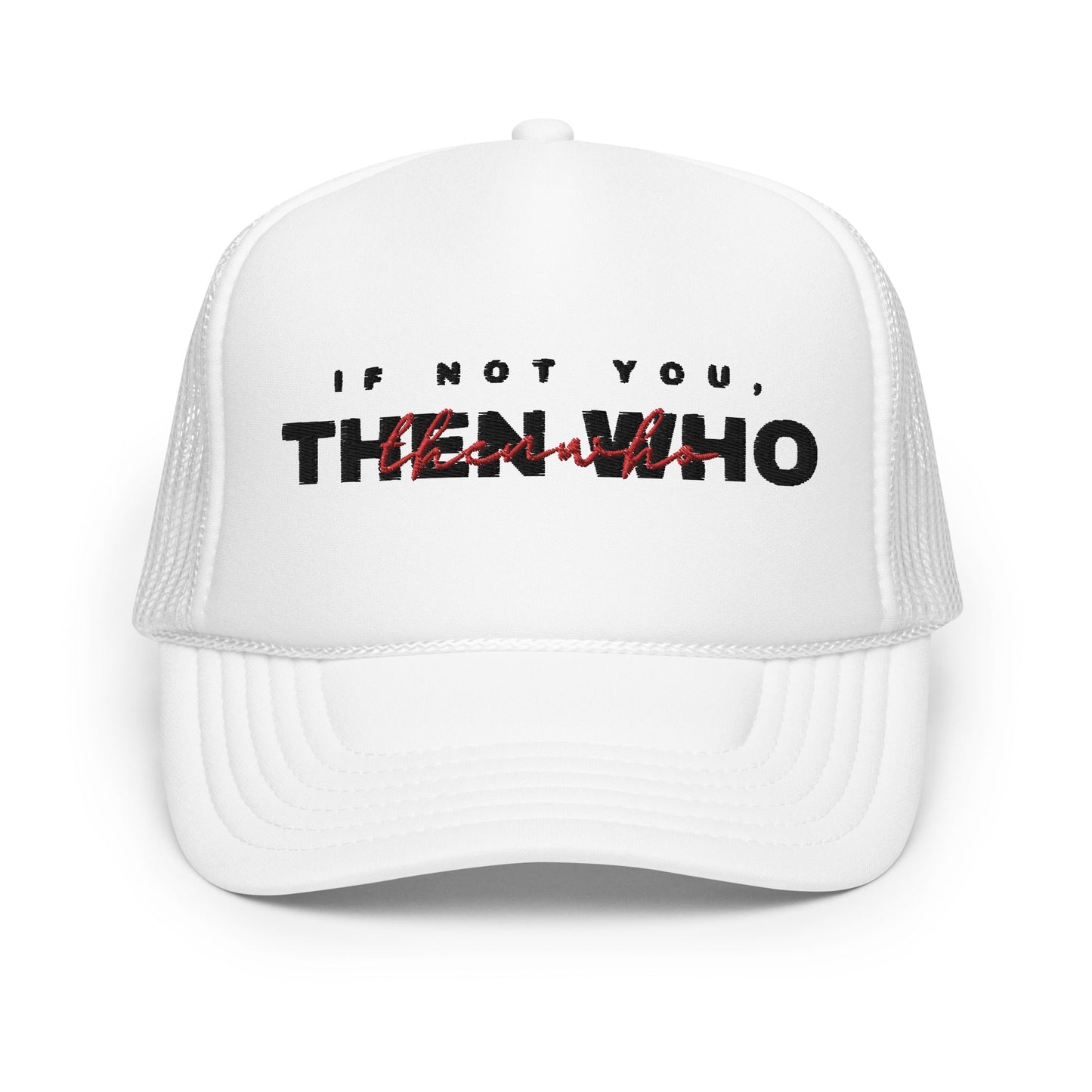 The Launch - Black Embroidered Foam Trucker Hat - The Then Who Brand Shop