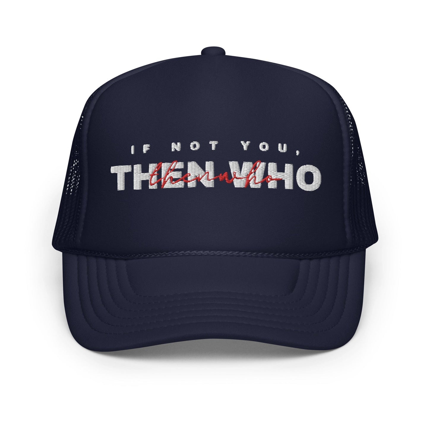 The Launch - White Embroidered Foam Trucker Hat - The Then Who Brand Shop