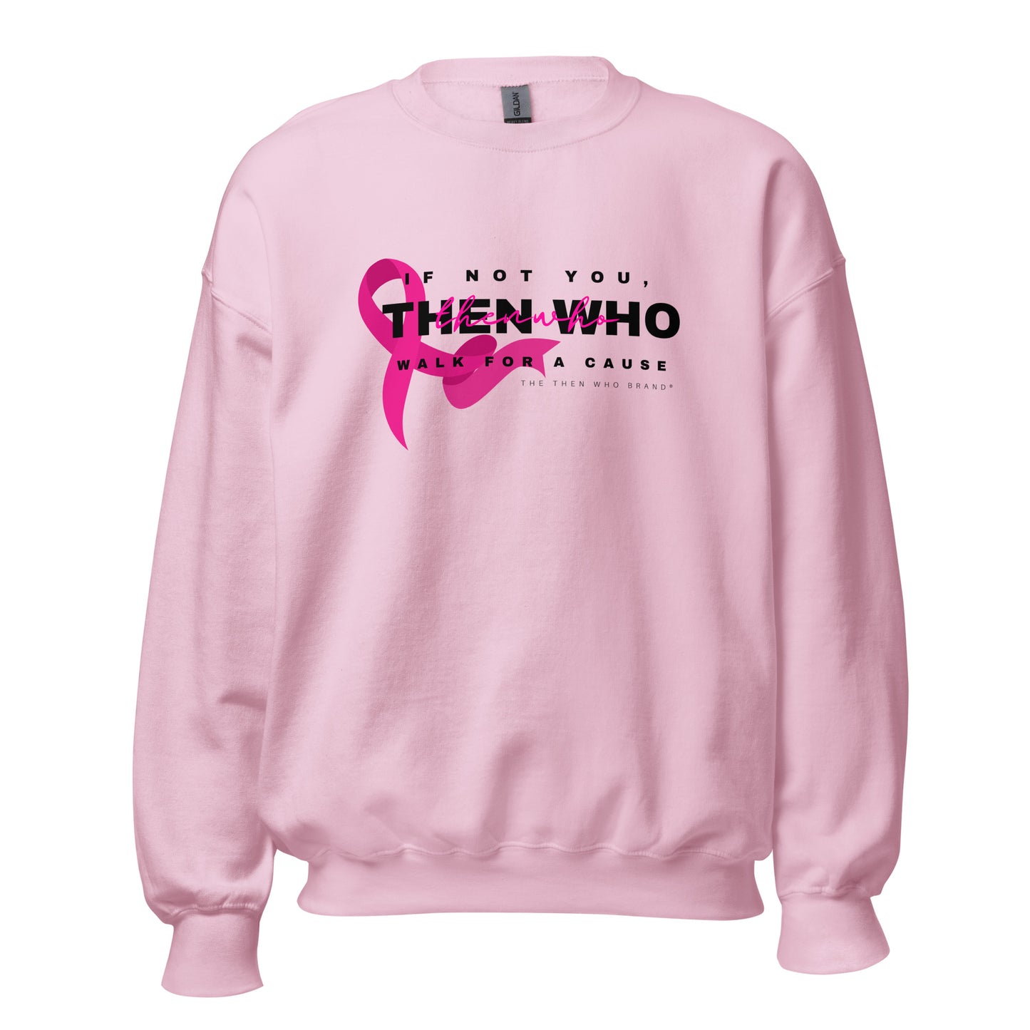 Pink sweatshirt with a pink ribbon graphic and text on a white background