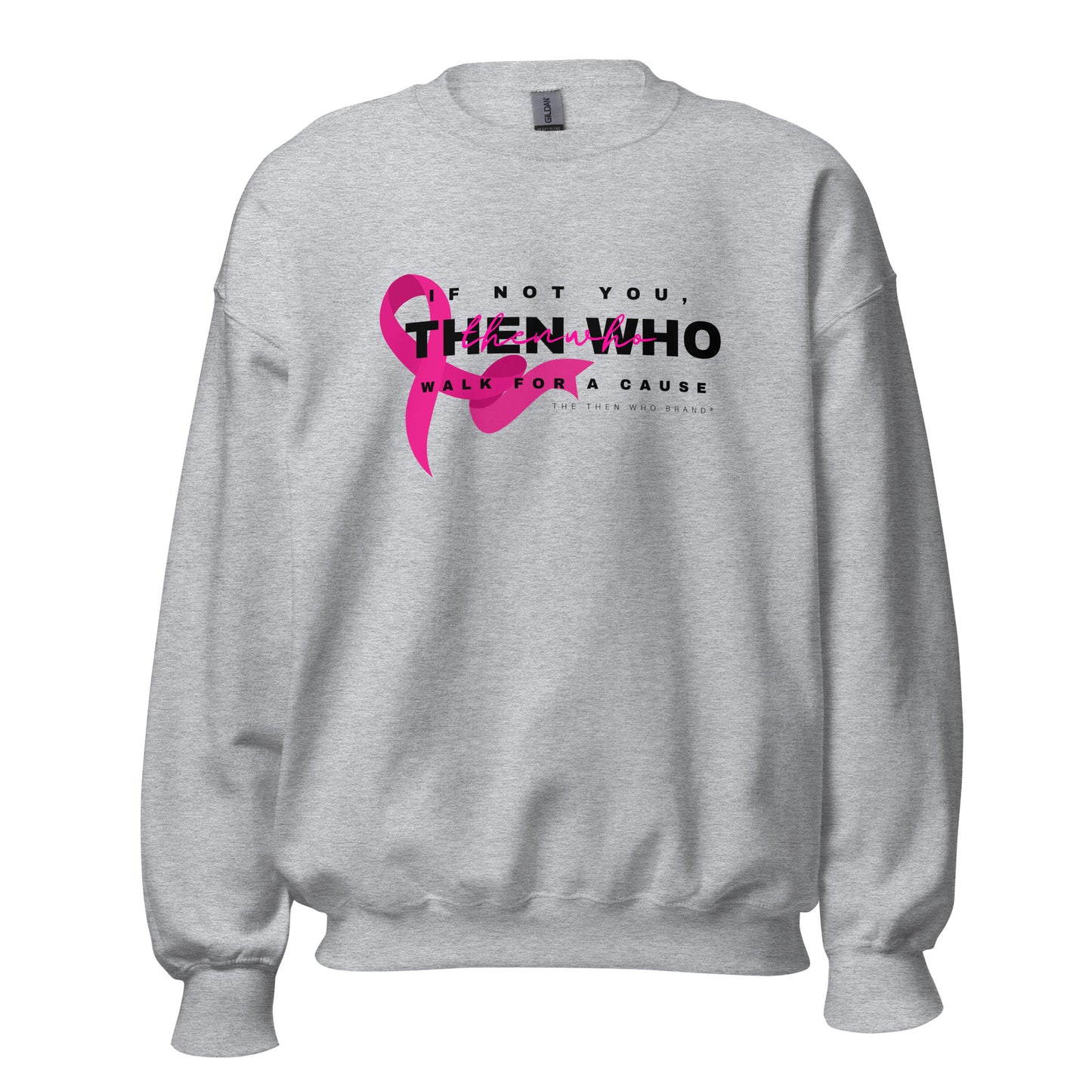Gray sweatshirt with pink ribbon and text on a white background