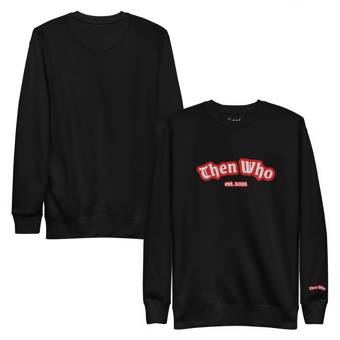 Black sweatshirt with 'Then Who' text on a white background
