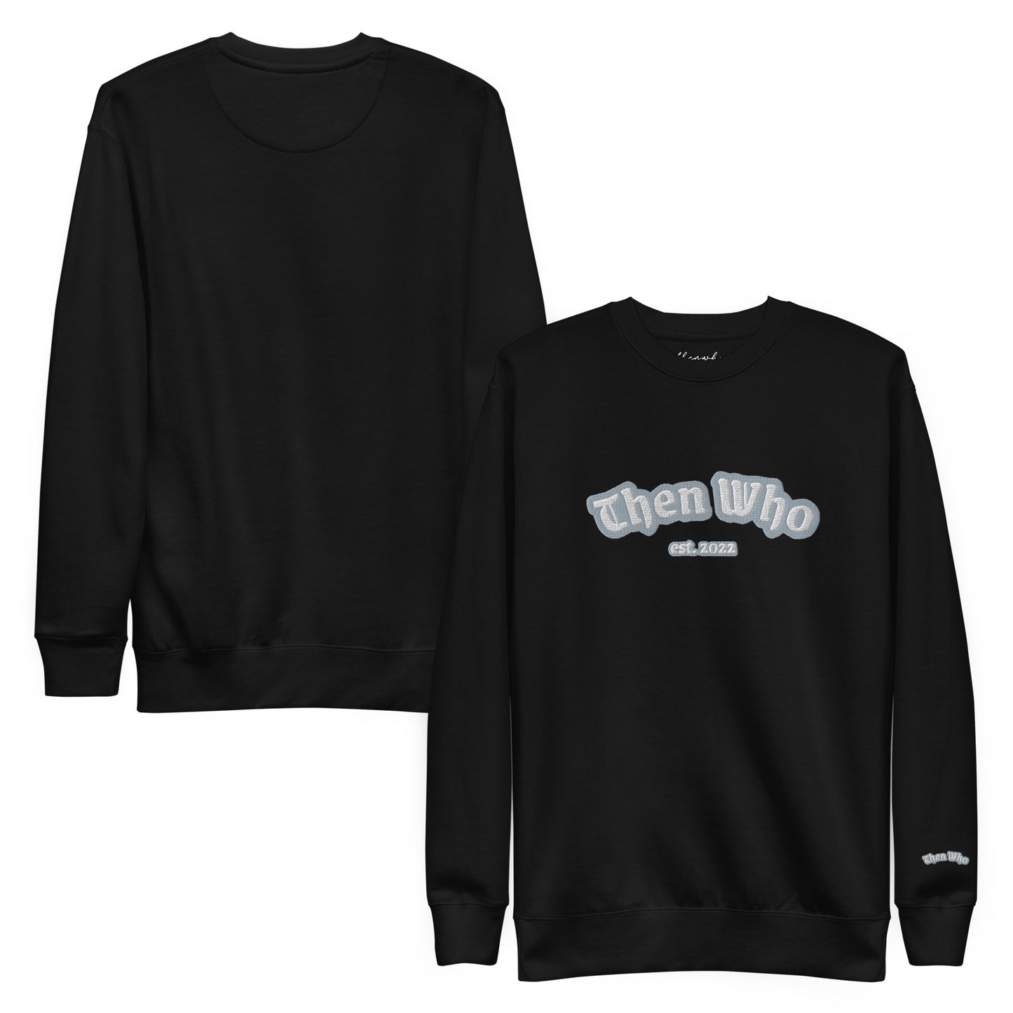Black sweatshirt with 'When Who' text on a white background