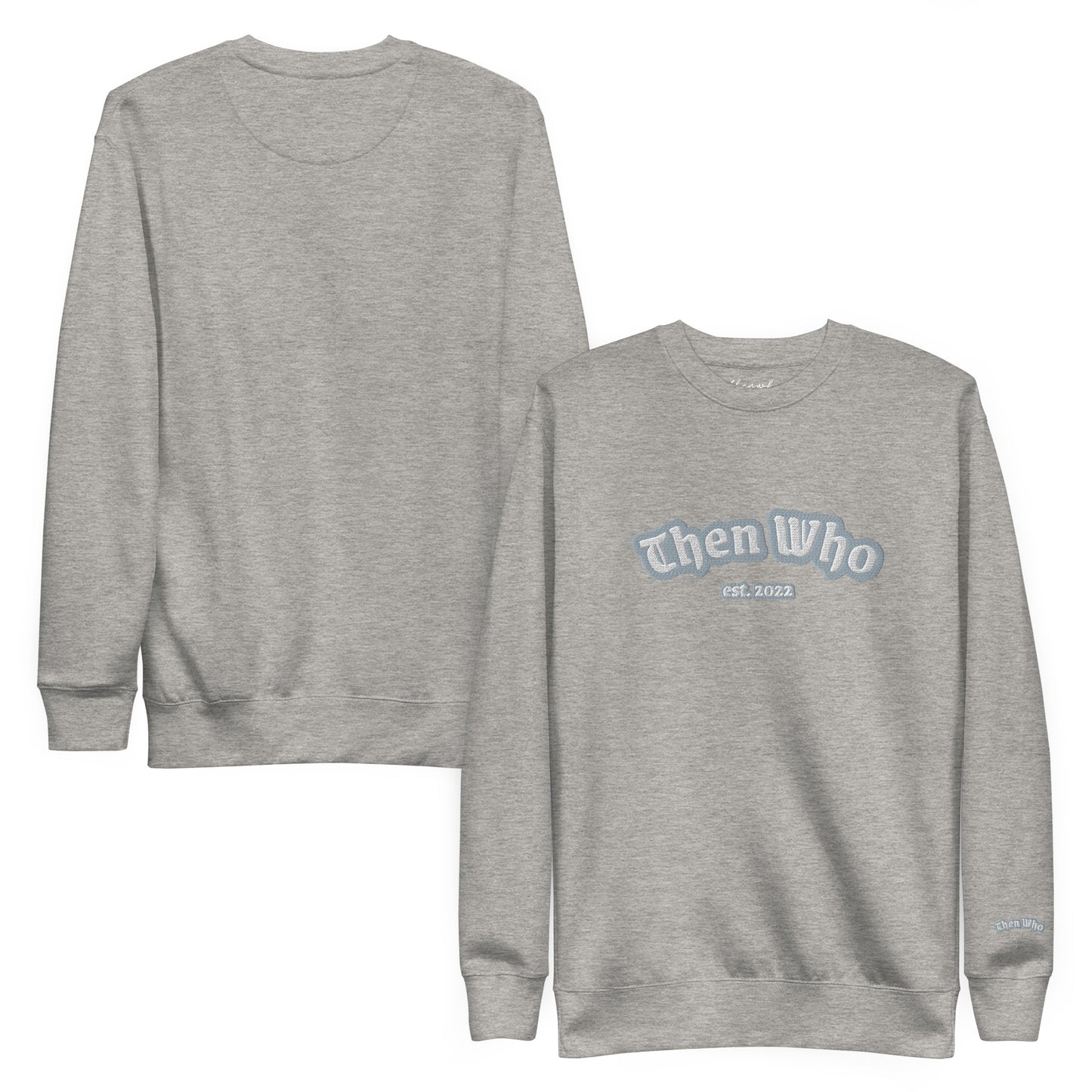 Gray sweatshirt with 'Then Who' text on a white background