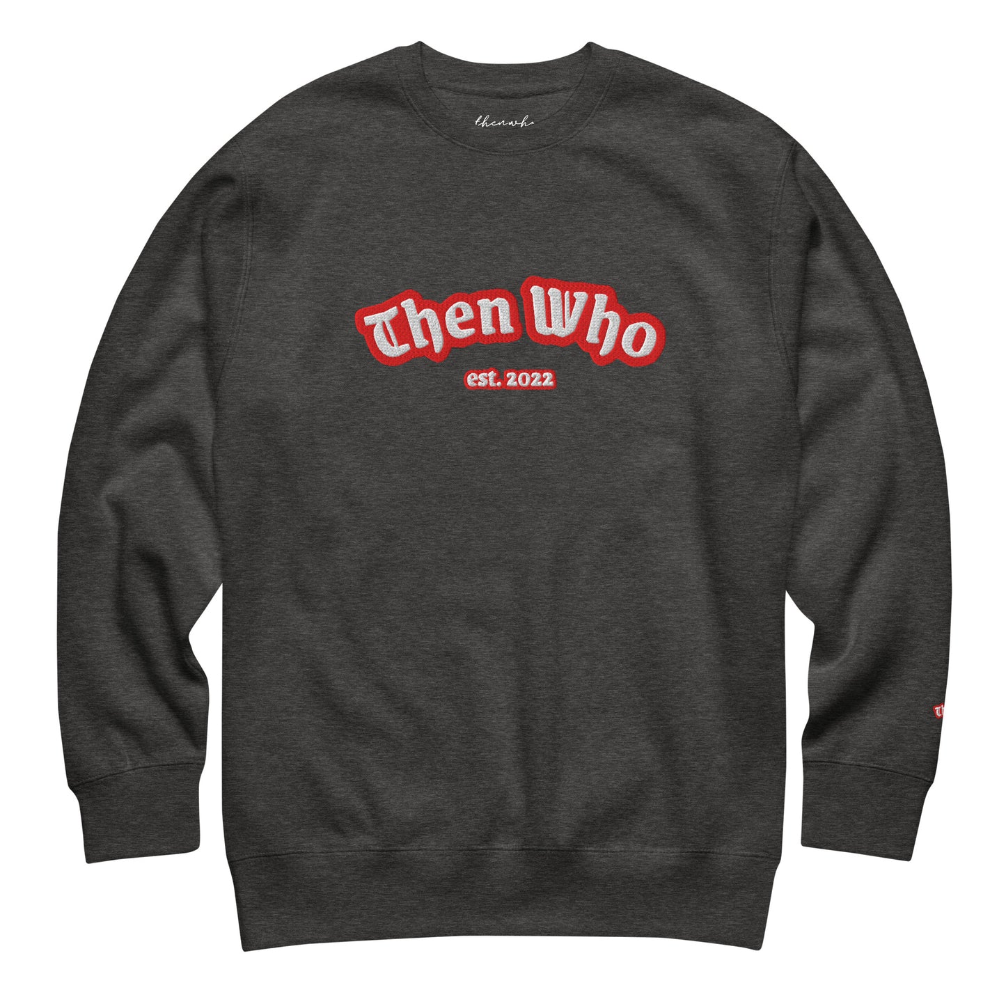 Dark gray sweatshirt with red and white text on a white background