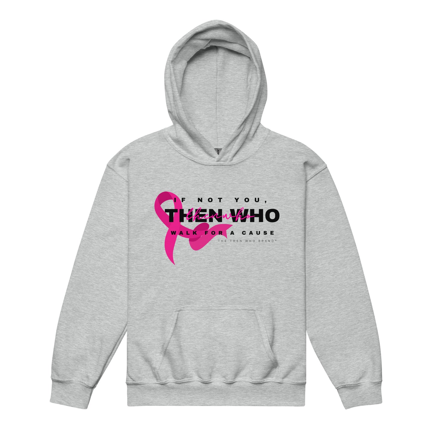 Gray hoodie with pink ribbon and text on a white background