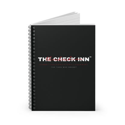 Black notebook with 'The Check Inn' branding on a white background