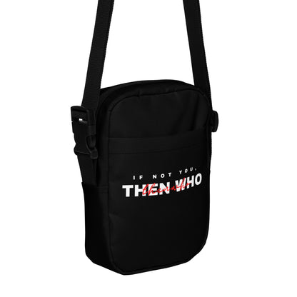 Black shoulder bag with text design on a white background