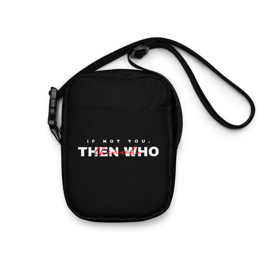 Black crossbody bag with text design on a white background