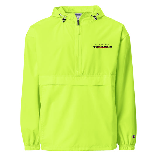 Bright yellow jacket with 'THEN WHO' text on a white background