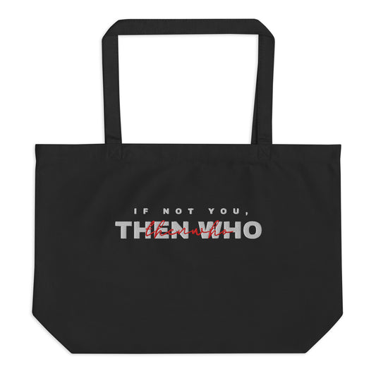 Black tote bag with white and red text on a white background