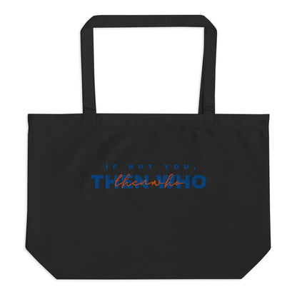 Black tote bag with motivational quote on a white background