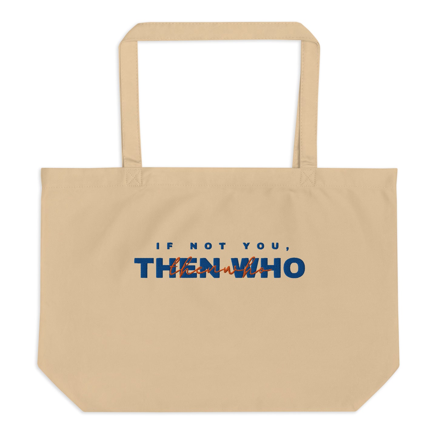 Beige tote bag with motivational quote on a white background