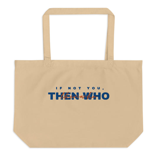 Beige tote bag with motivational quote on a white background
