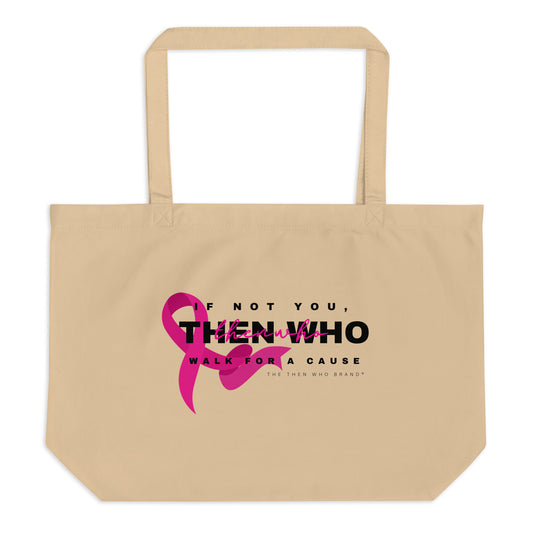 Beige tote bag with pink ribbon and text on a white background