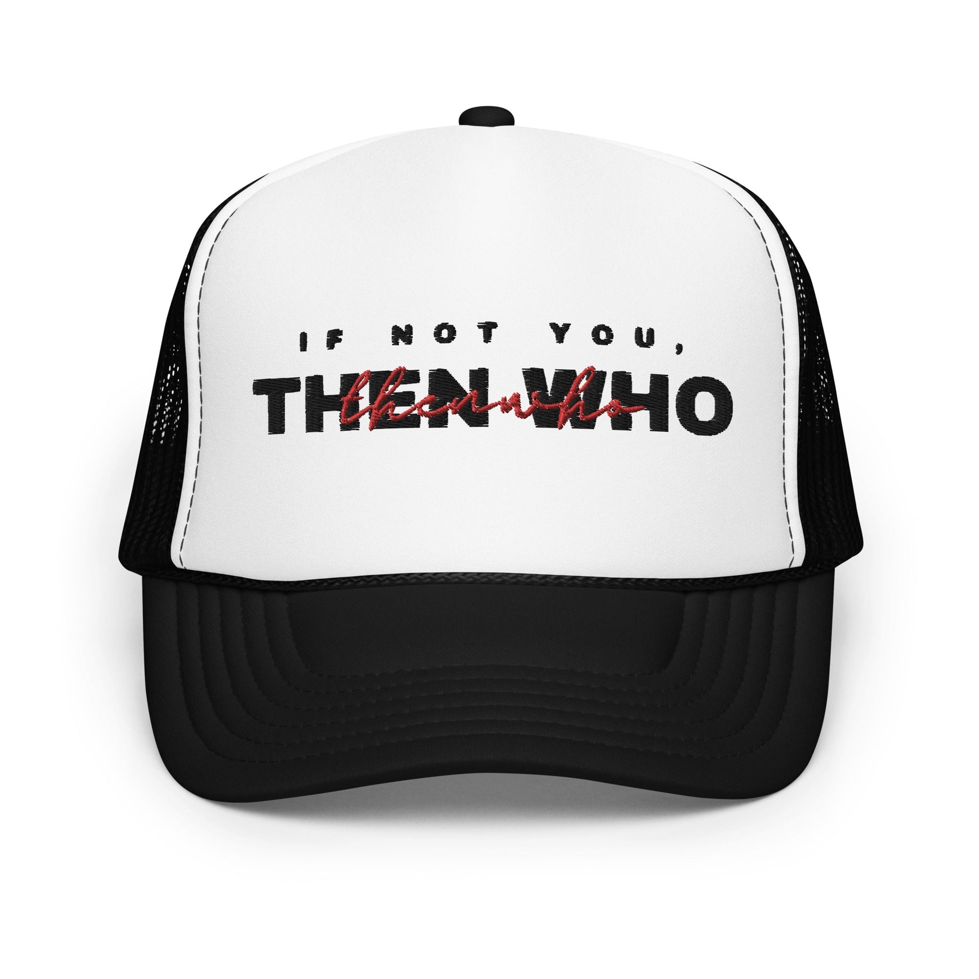 The Launch - Black Embroidered Foam Trucker Hat - The Then Who Brand Shop
