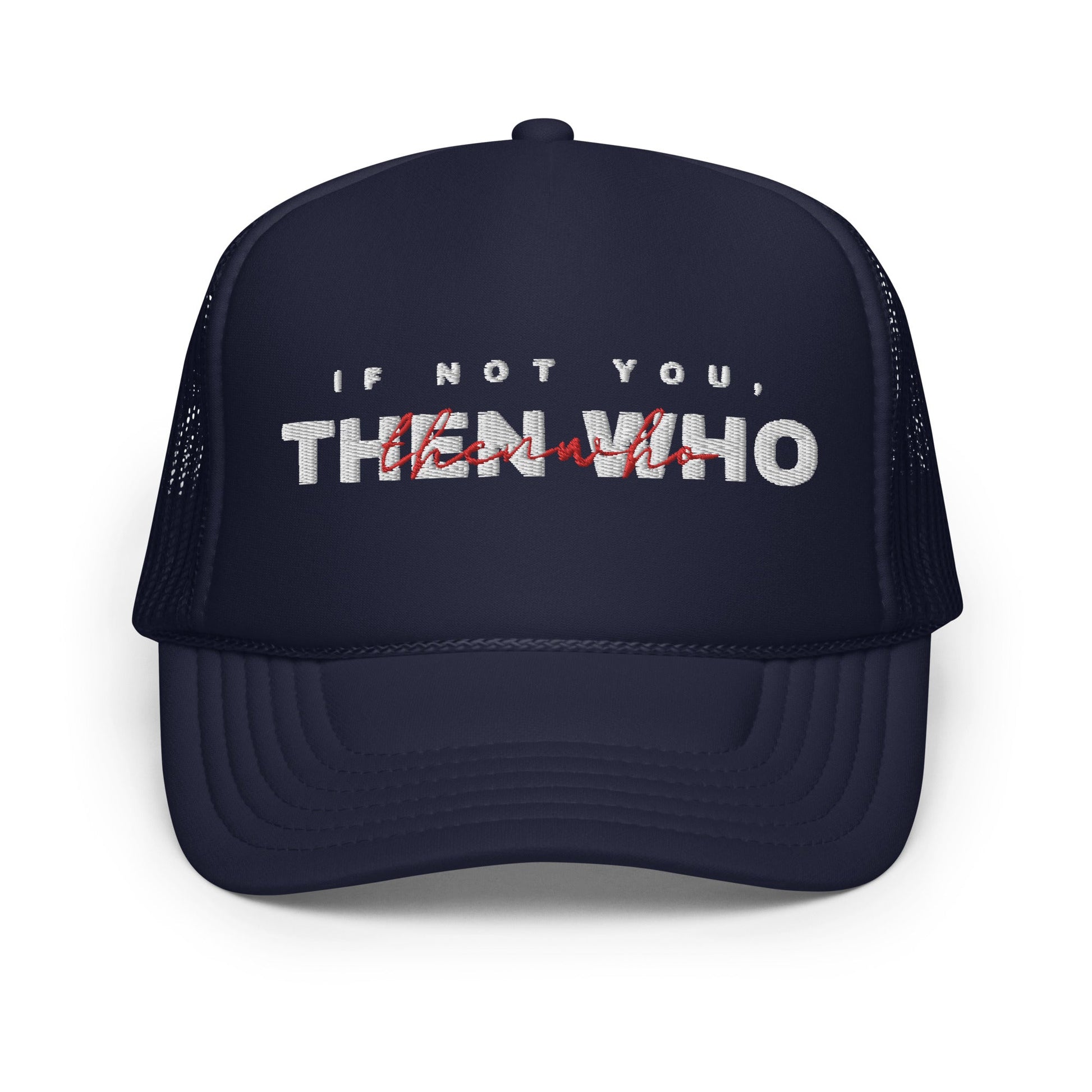 The Launch - White Embroidered Foam Trucker Hat - The Then Who Brand Shop
