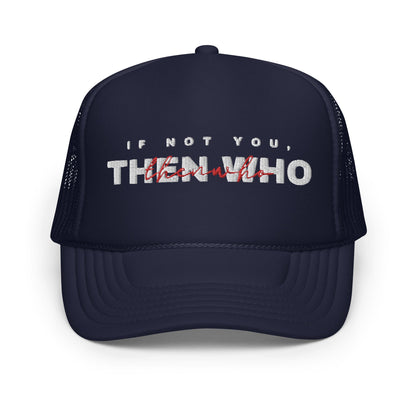 The Launch - White Embroidered Foam Trucker Hat - The Then Who Brand Shop