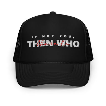 The Launch - White Embroidered Foam Trucker Hat - The Then Who Brand Shop