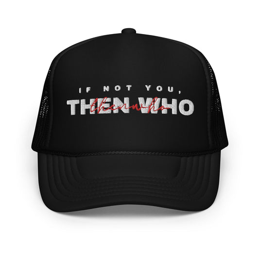 The Launch - White Embroidered Foam Trucker Hat - The Then Who Brand Shop