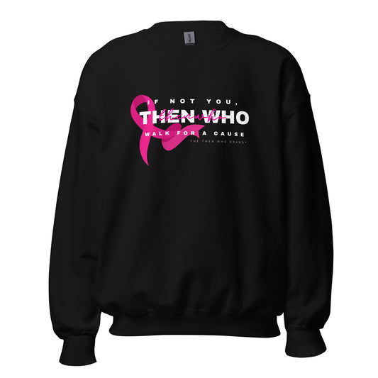 Black sweatshirt with pink ribbon and text on a white background