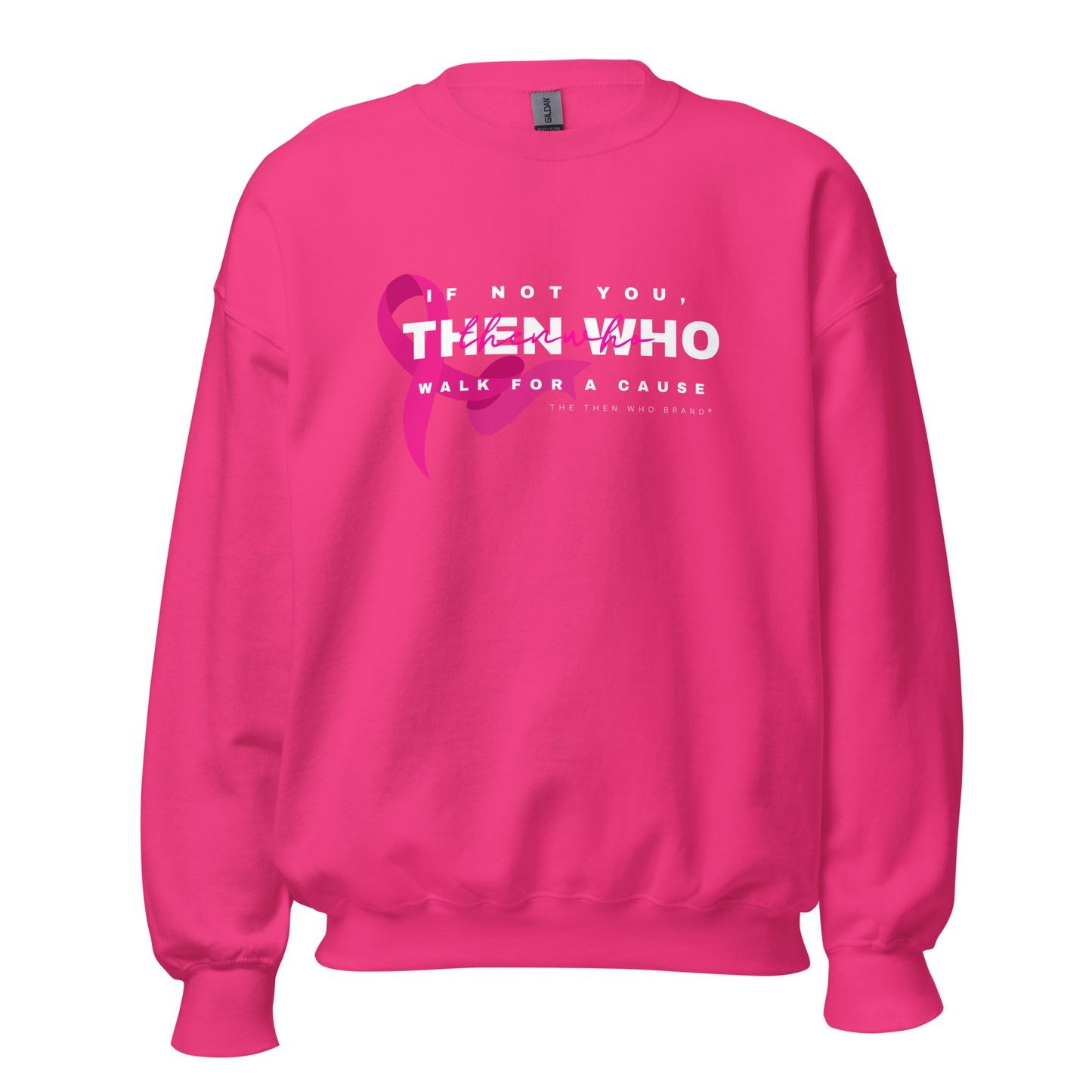 Pink sweatshirt with a pink ribbon graphic and text on a white background