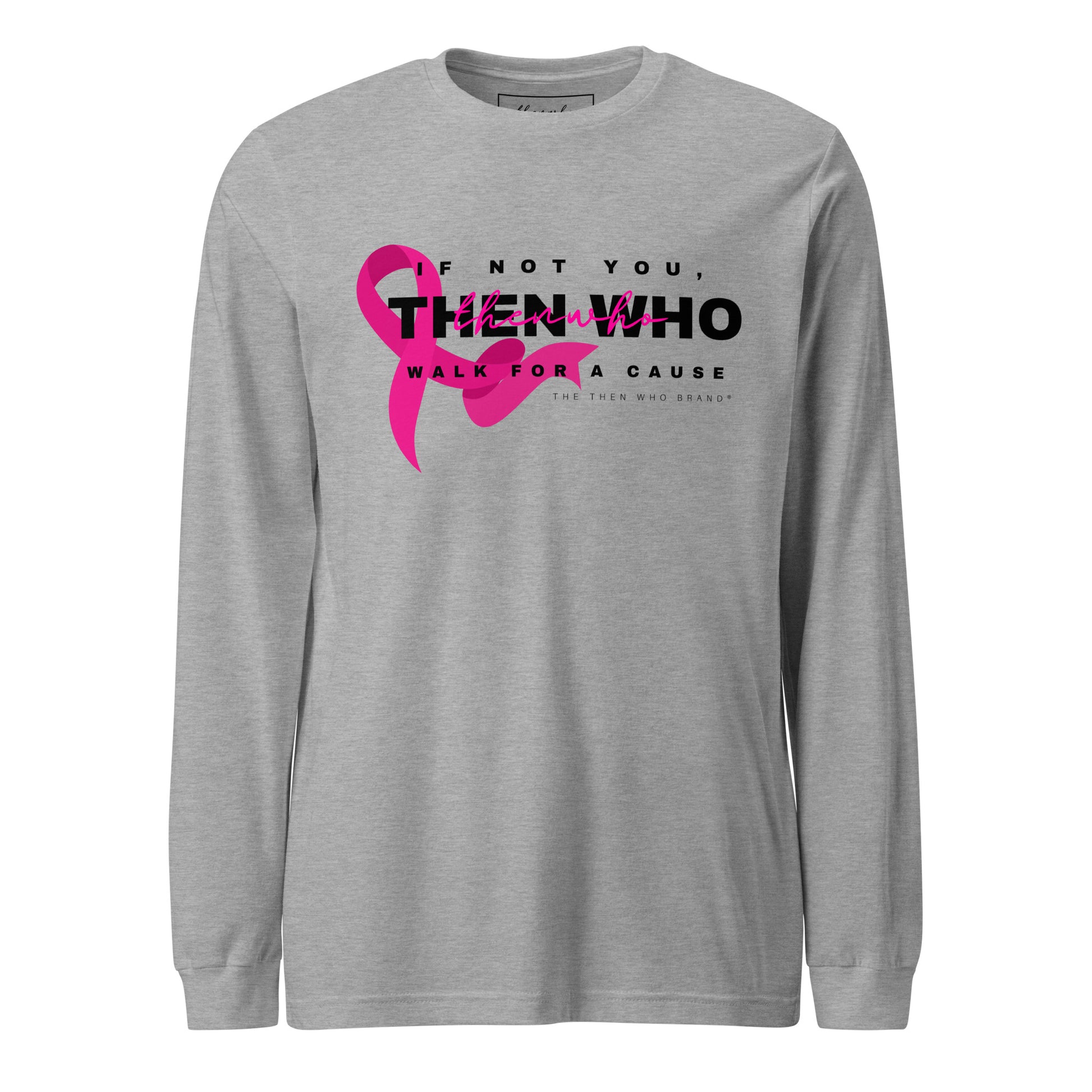 Gray long-sleeve shirt with pink ribbon and text design on a white background