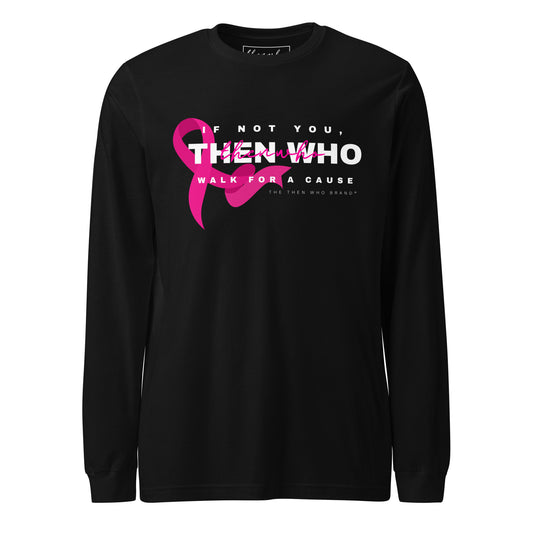 Black long-sleeve shirt with pink ribbon and text on a white background