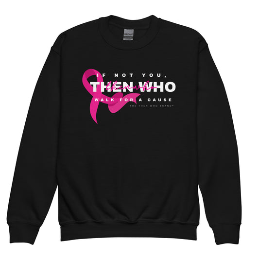 Black sweatshirt with pink ribbon and text on a white background