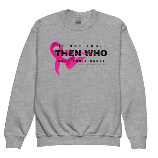 Gray sweatshirt with pink ribbon and text design on a white background