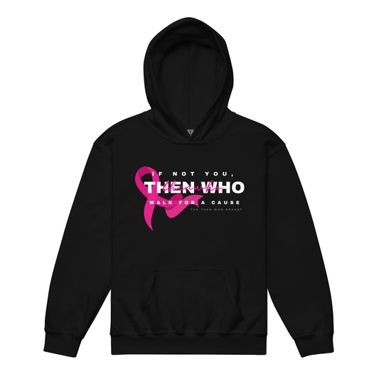 Black hoodie with pink ribbon and text on a white background