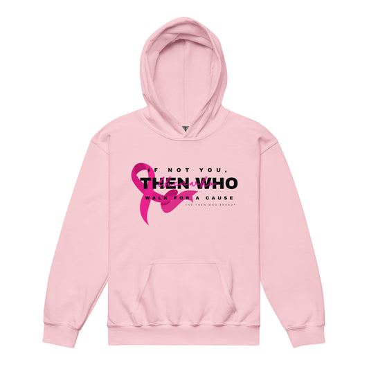 Pink hoodie with a pink ribbon design and text on a white background