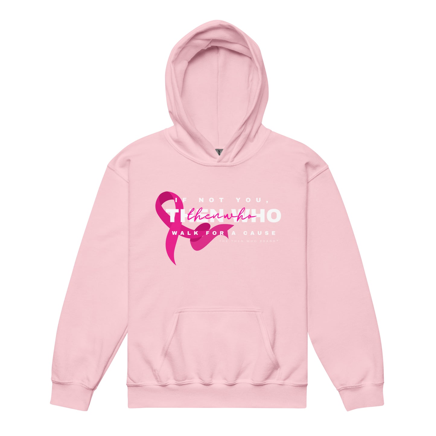 Pink hoodie with breast cancer awareness design on a white background